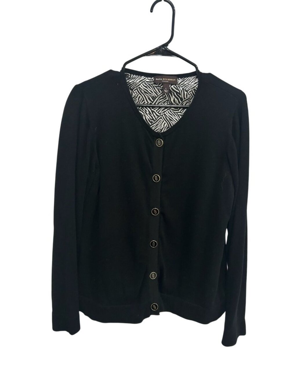 Dana Buchman Large Black Button Down Cardigan Zebra Print Lining Minimalist